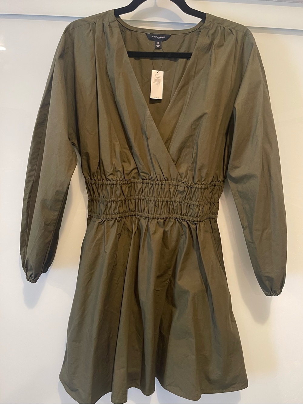 Banana Republic Olive Green Smocked-Waist Surplice Dress